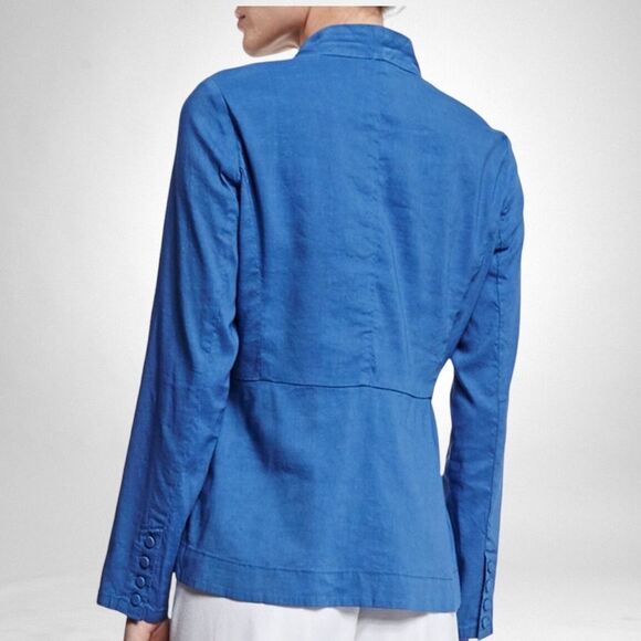 Eileen Fisher Organic Linen Blend Full Zip Lightweight Blazer Pockets Blue large - Picture 2 of 10